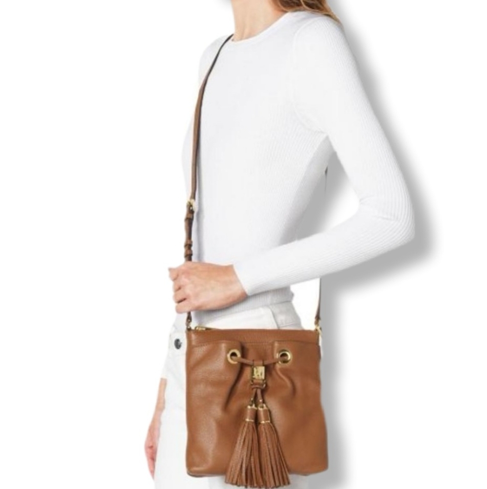 Michael Kors Bag Camden Drawstring Brown Genuine Leather Tassel Small Crossbody